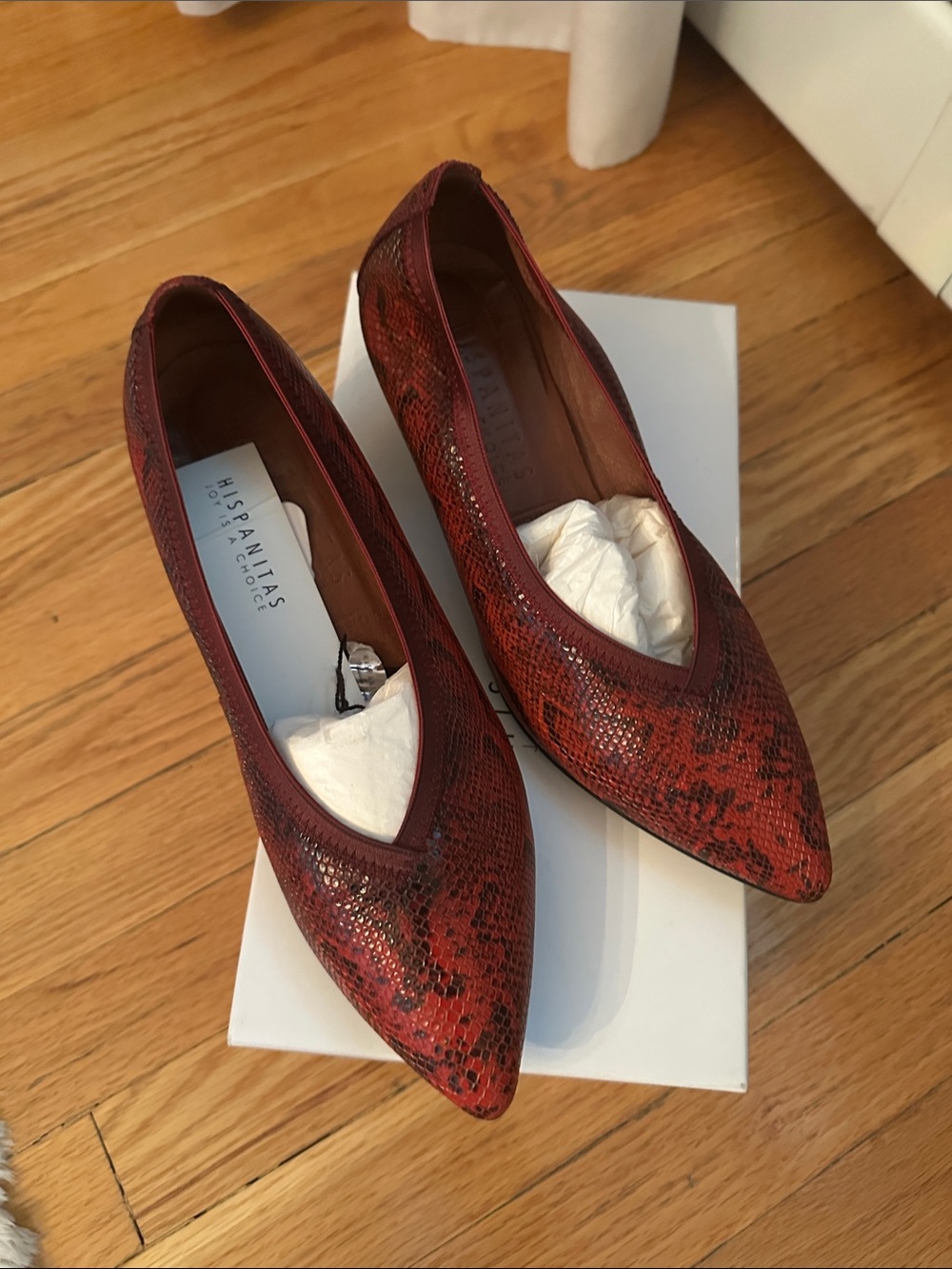 Red Snakeskin-Print Pointed-Toe Shoes made in Spain